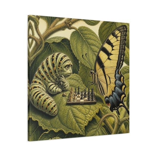 Main Mockup. Funny Caterpillar Chess Match shown as canvas print
