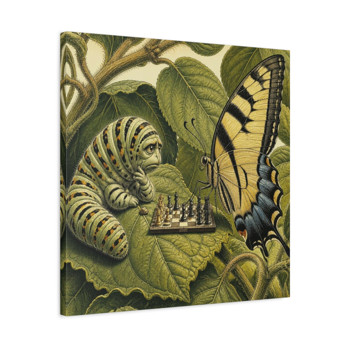 Side Mockup 4. Funny Caterpillar Chess Match shown as canvas print