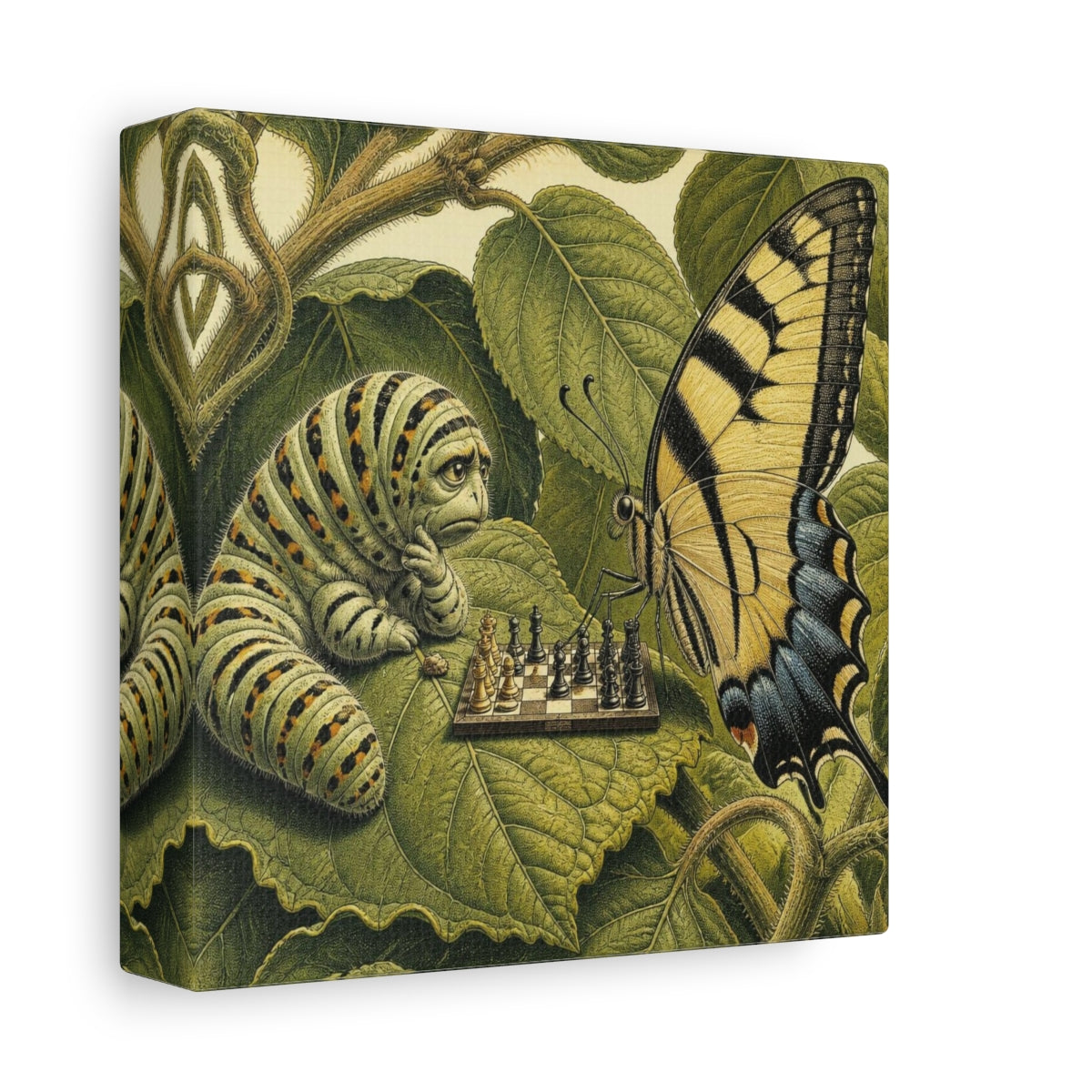 Side Mockup 2. Funny Caterpillar Chess Match shown as canvas print