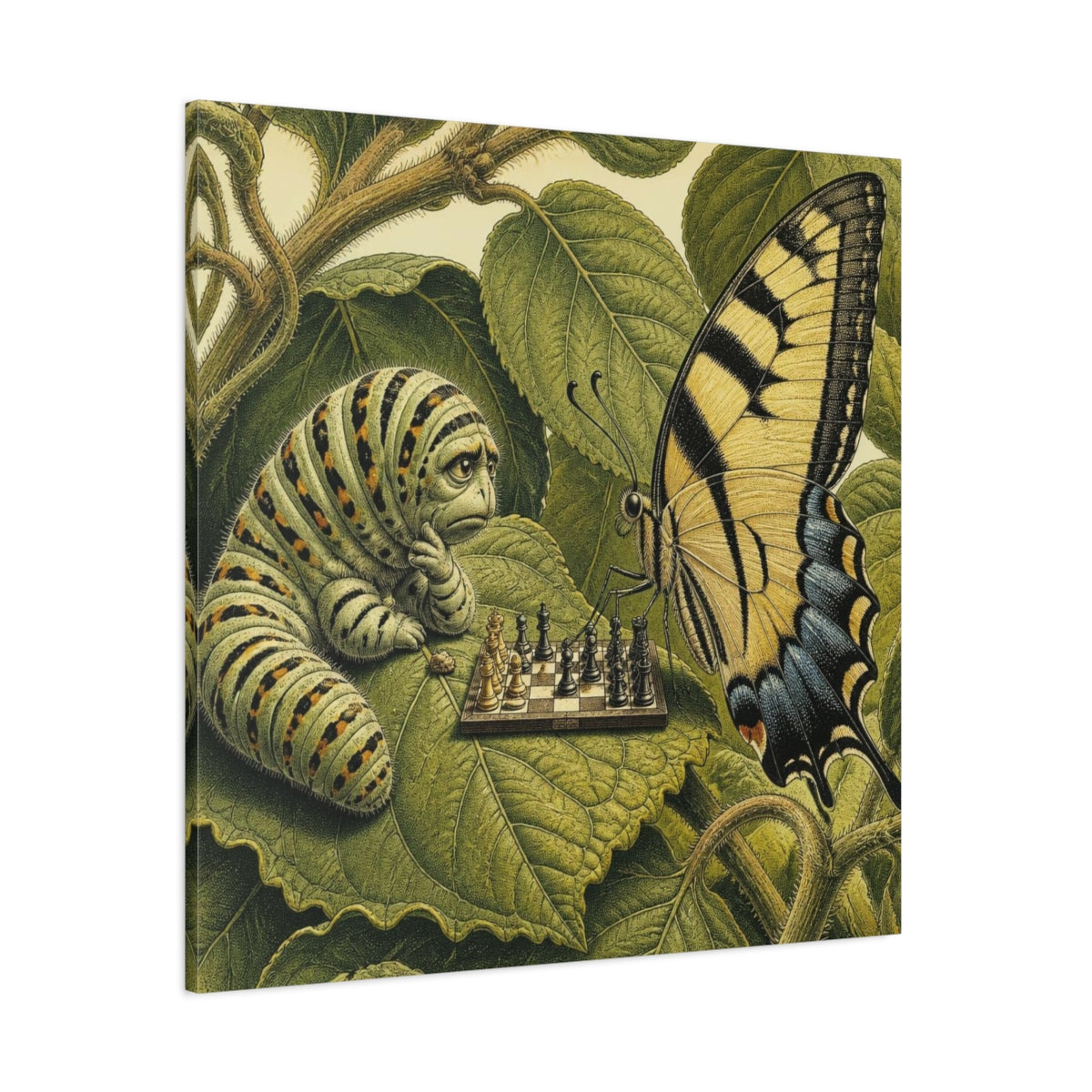Side Mockup 1. Funny Caterpillar Chess Match shown as canvas print