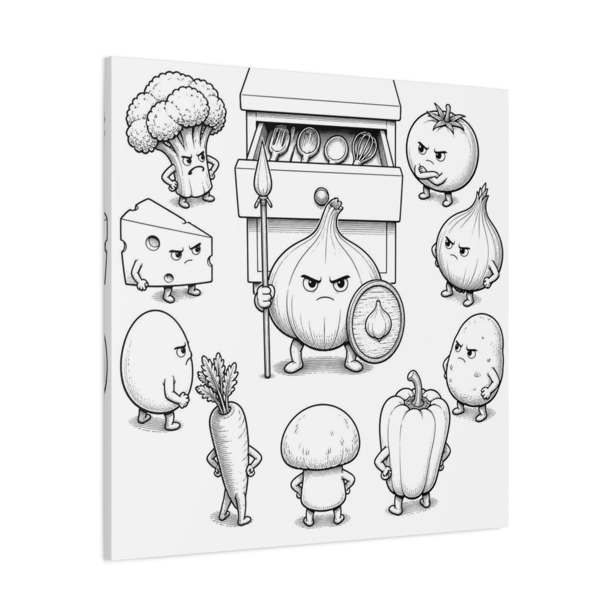 Side Mockup 1. Funny Garlic Sentinel shown as canvas print