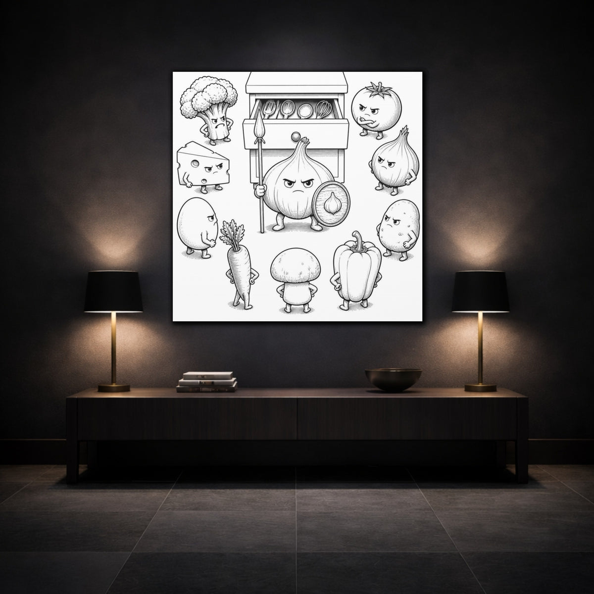 Mockup 3. Funny Garlic Sentinel shown as canvas print