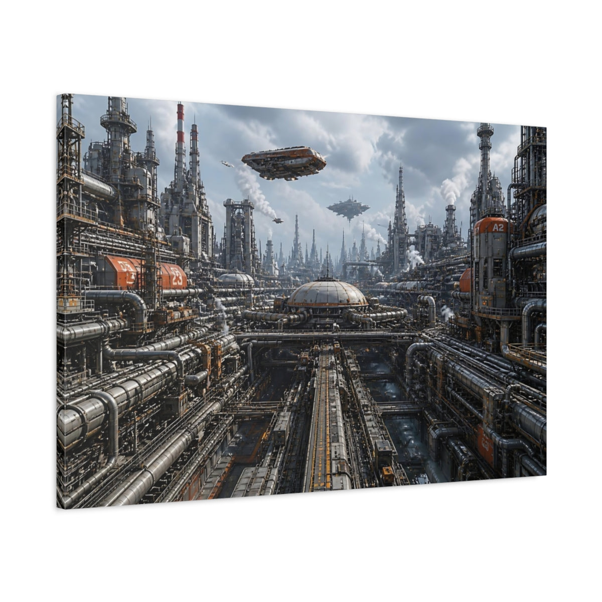 Main Mockup. Futuristic Industrial Complex shown as canvas print
