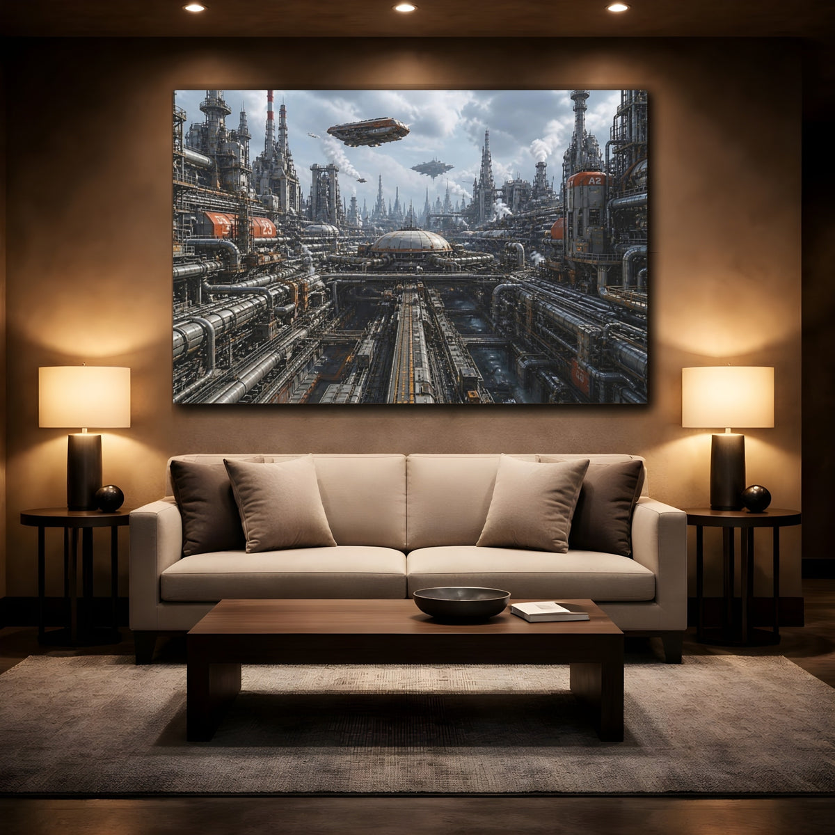 Mockup 2. Futuristic Industrial Complex shown as canvas print