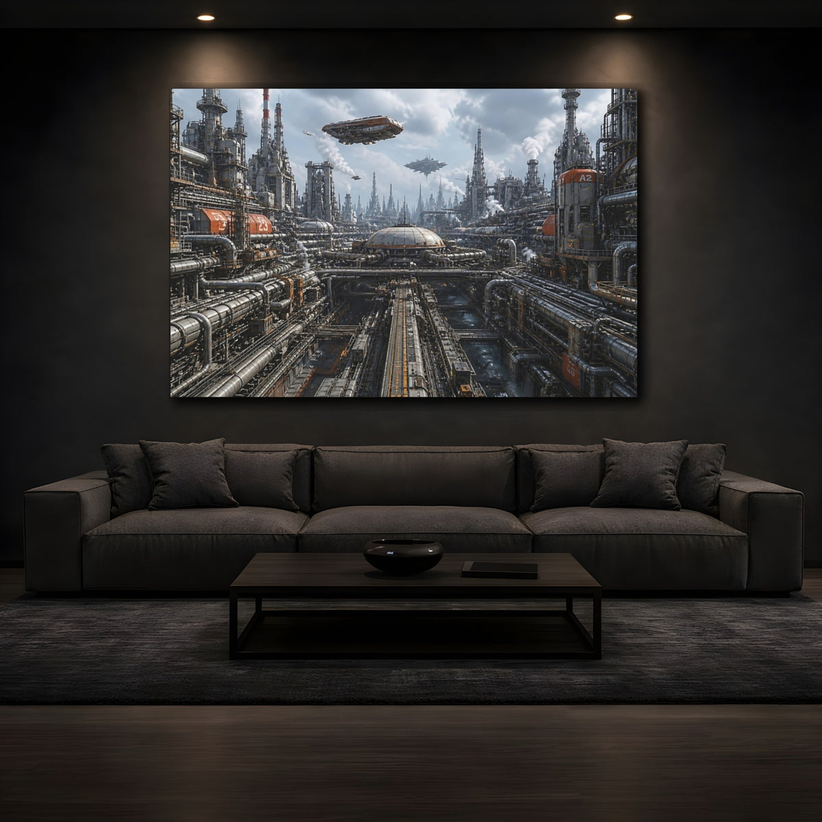 Mockup 3. Futuristic Industrial Complex shown as canvas print