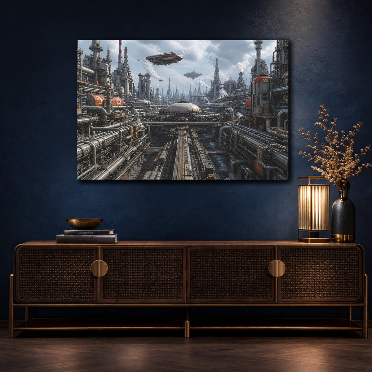 Mockup 4. Futuristic Industrial Complex shown as canvas print