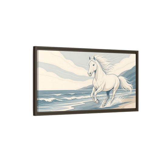 Main Mockup. Galloping White Horse shown as framed canvas print