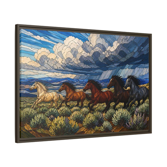 Main Mockup. Galloping Wild Horses shown as framed canvas print