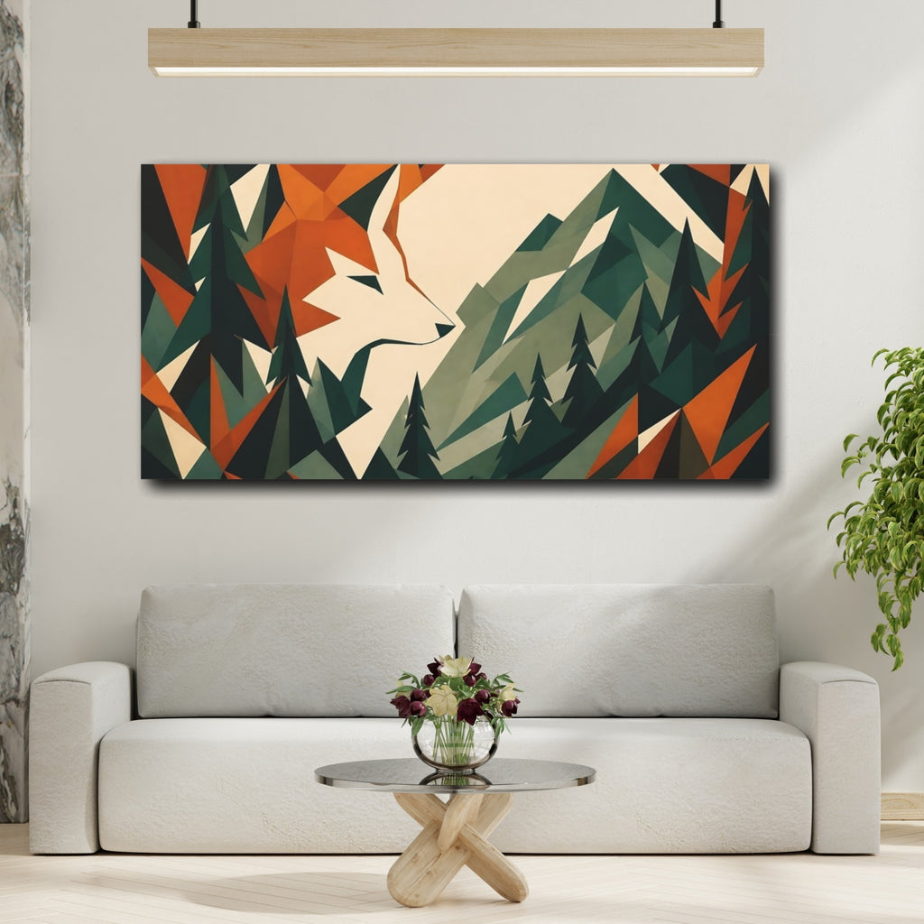 Mockup 2. Geometric Fox In Mountains shown as canvas print
