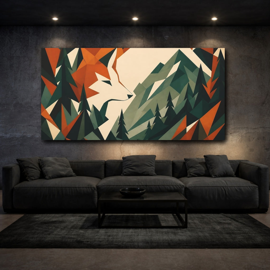 Mockup 3. Geometric Fox In Mountains shown as canvas print