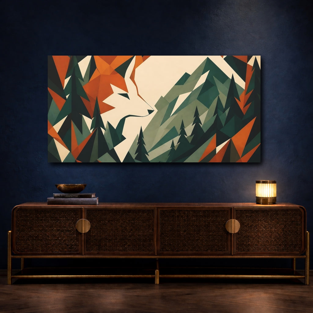 Mockup 4. Geometric Fox In Mountains shown as canvas print