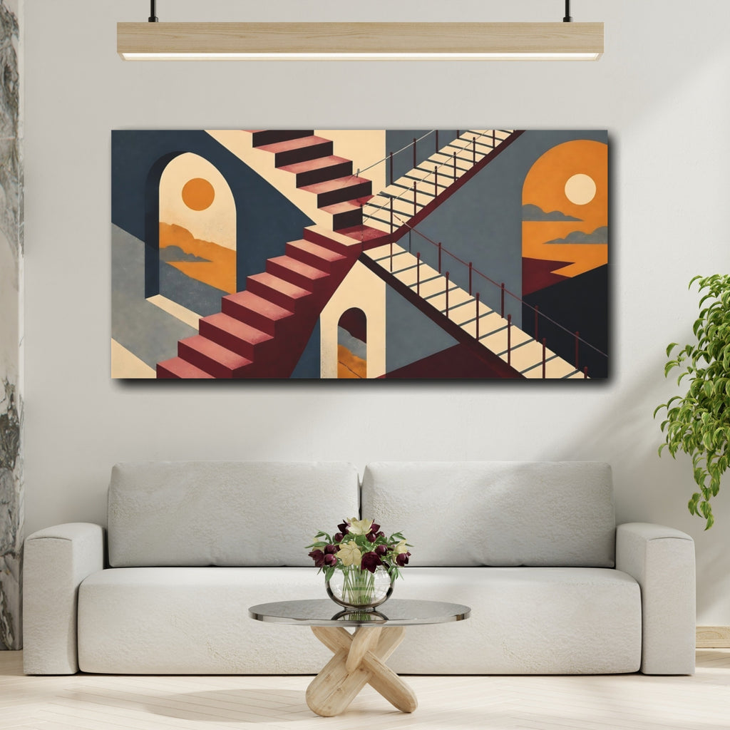 Mockup 2. Geometric Staircase Sunset shown as canvas print