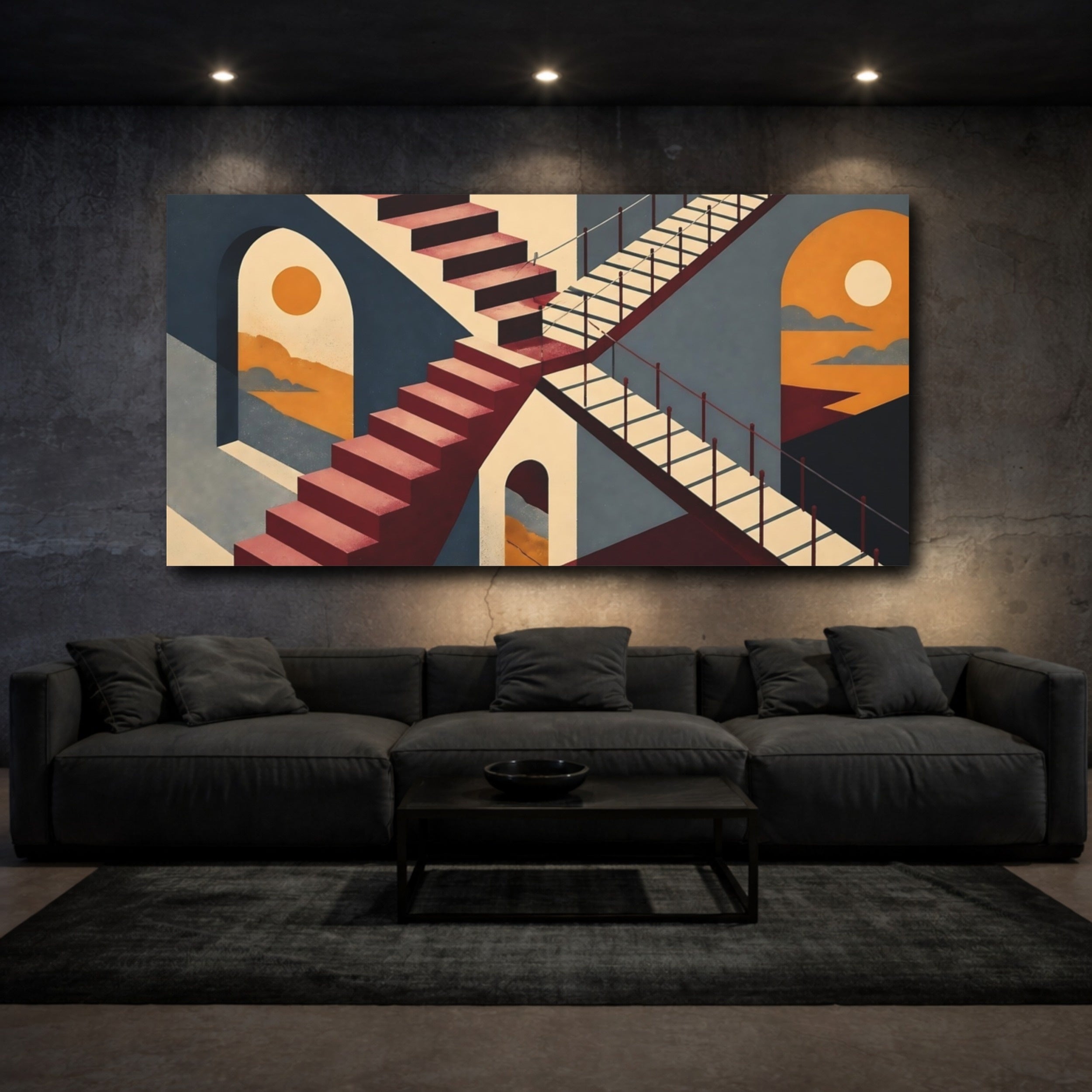 Mockup 3. Geometric Staircase Sunset shown as canvas print