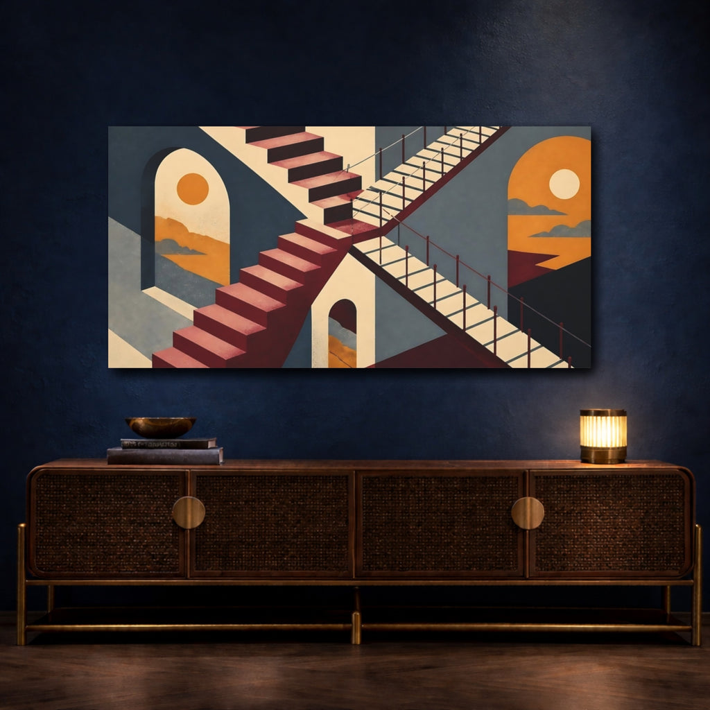 Mockup 4. Geometric Staircase Sunset shown as canvas print