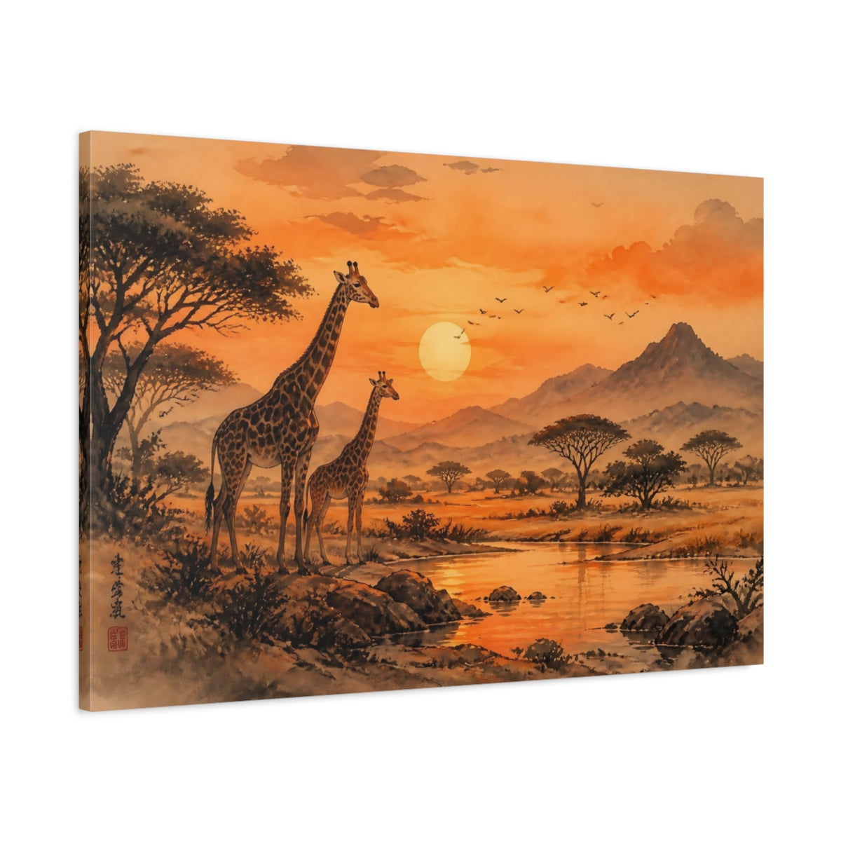 Main Mockup. Giraffe Sunset Landscape shown as canvas print