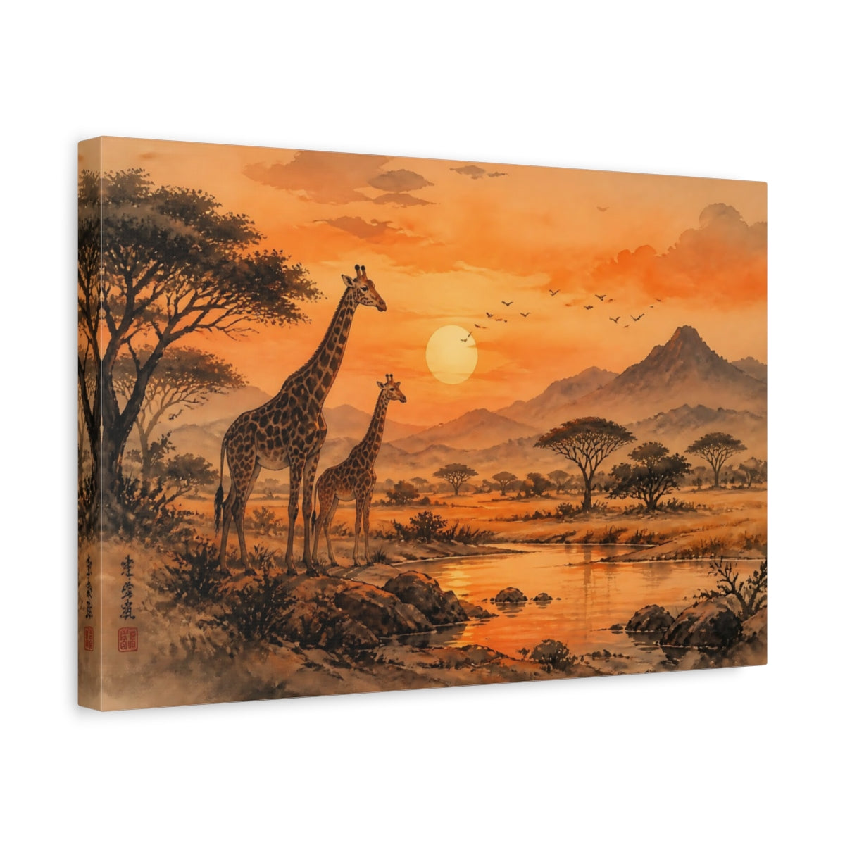 Side Mockup 4. Giraffe Sunset Landscape shown as canvas print