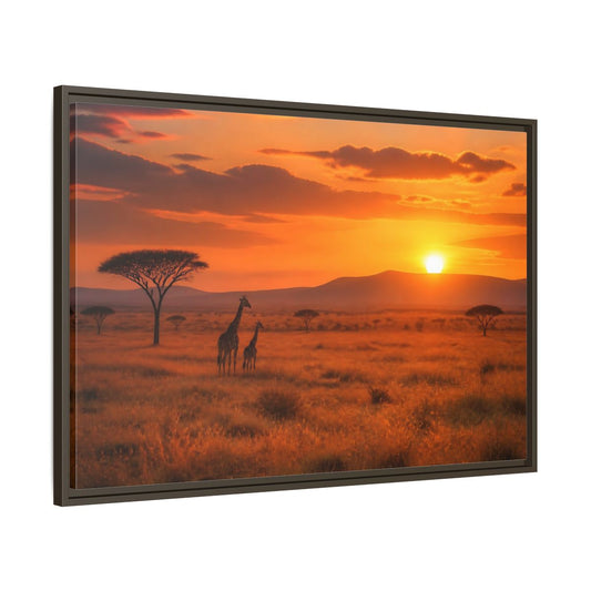 Main Mockup. Giraffe Sunset Landscape shown as framed canvas print