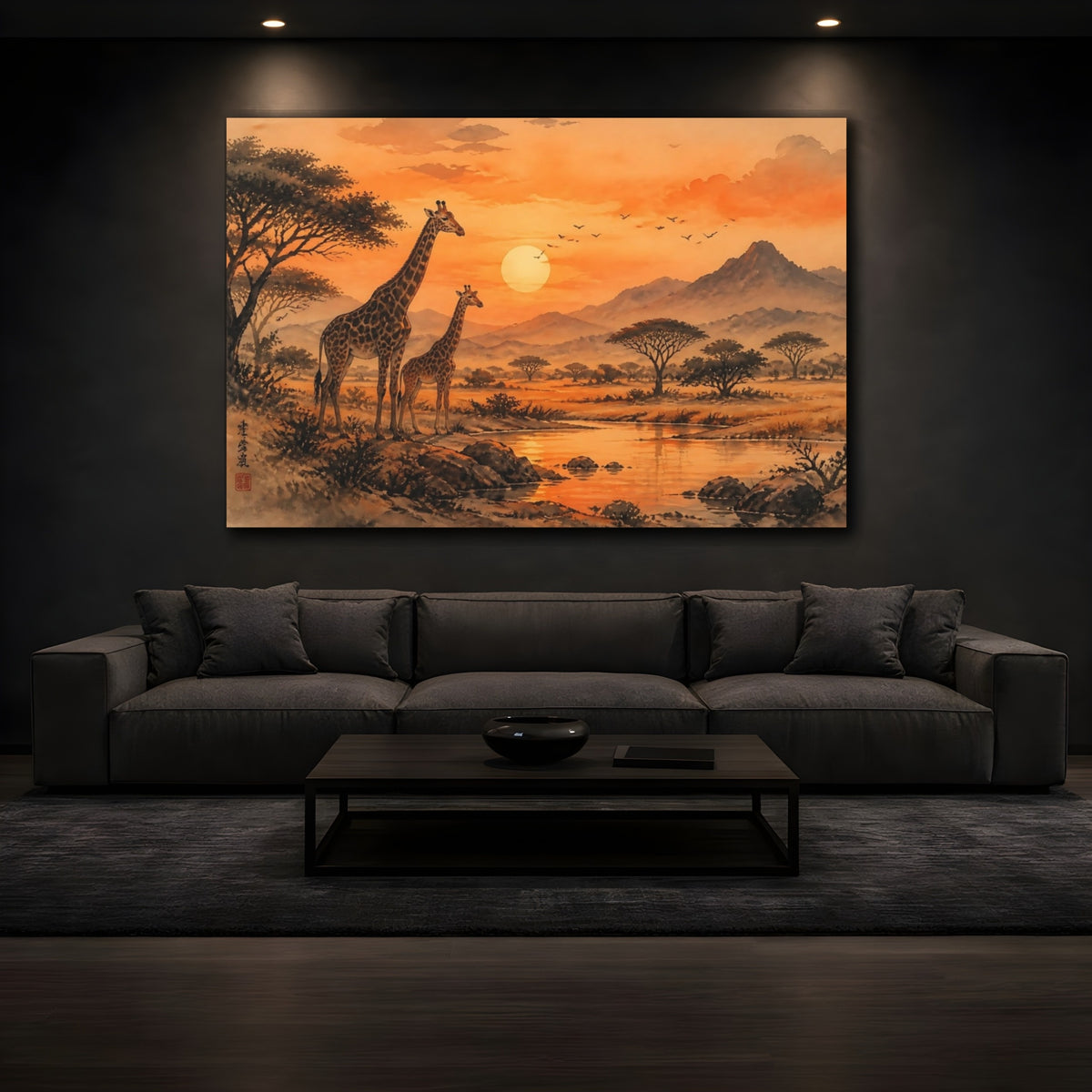 Mockup 3. Giraffe Sunset Landscape shown as canvas print