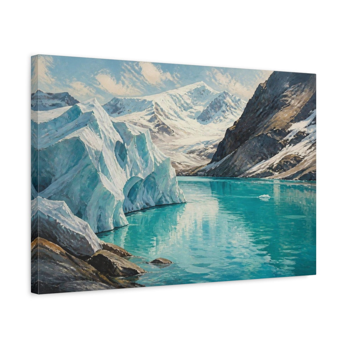 Side Mockup 3. Glacial Lake Landscape shown as canvas print
