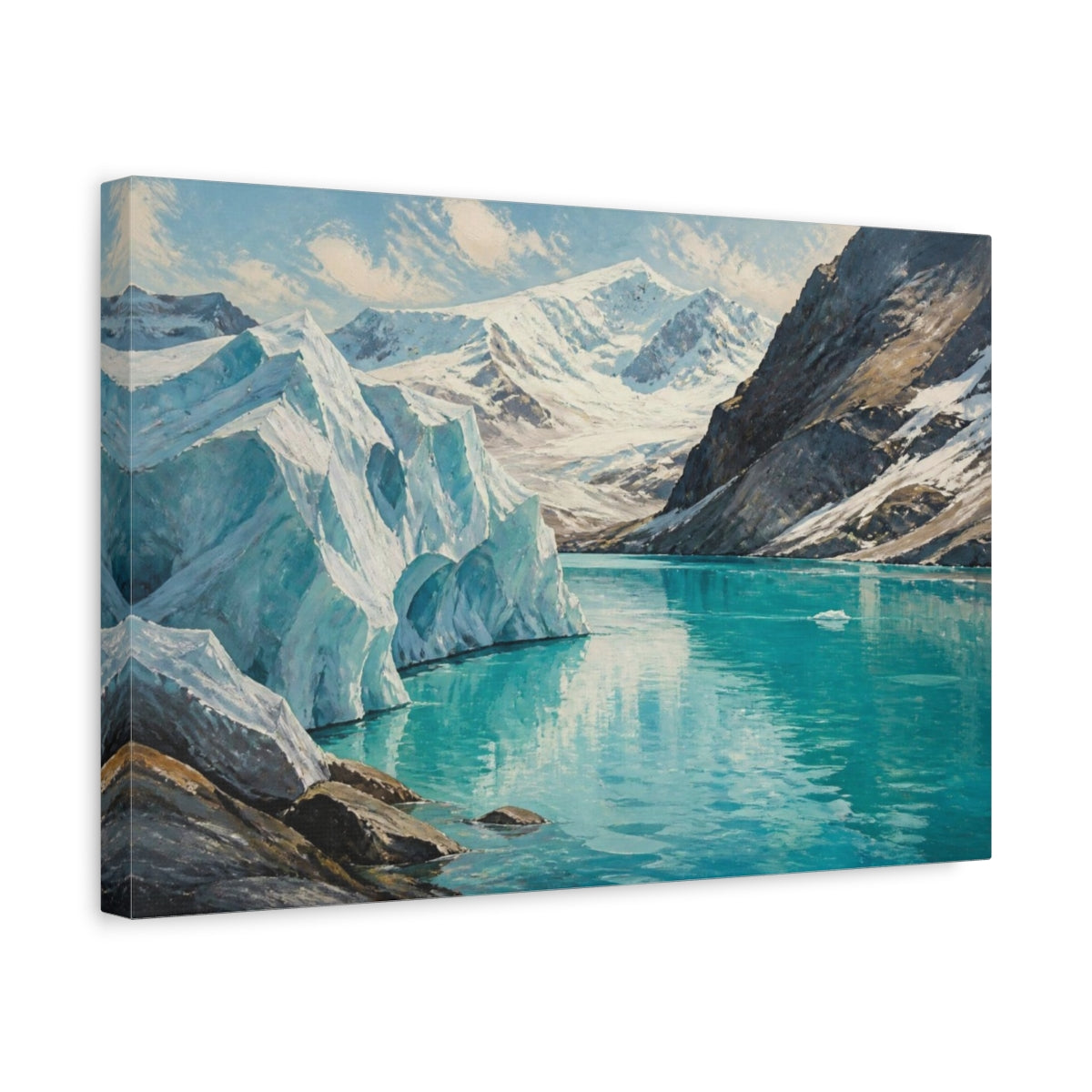 Side Mockup 4. Glacial Lake Landscape shown as canvas print