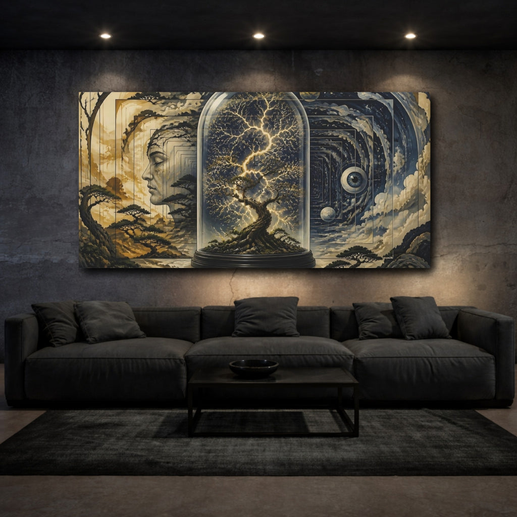 Mockup 3. Glowing Bonsai Under Glass shown as canvas print