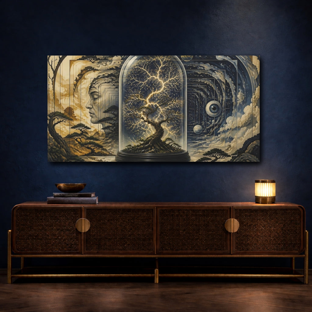 Mockup 4. Glowing Bonsai Under Glass shown as canvas print
