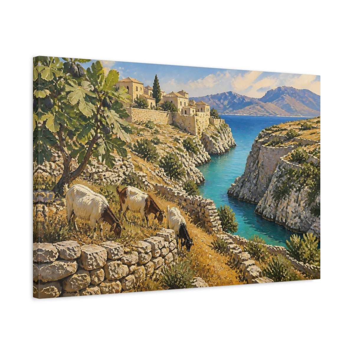 Side Mockup 2. Goats By The Cove shown as canvas print