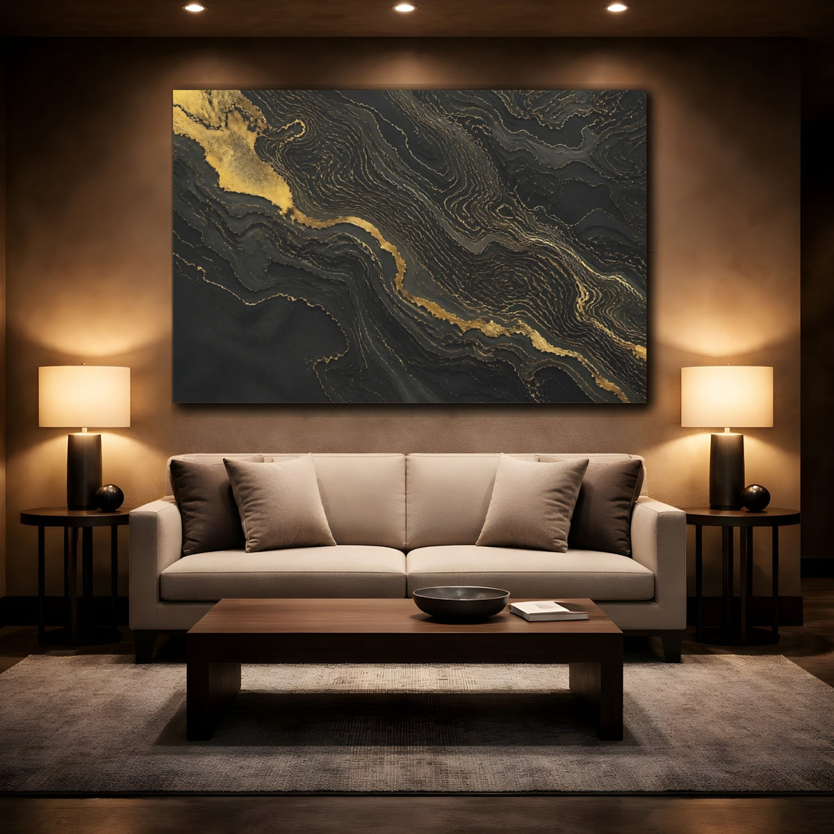 Mockup 2. Gold Veins On Black Marble shown as canvas print