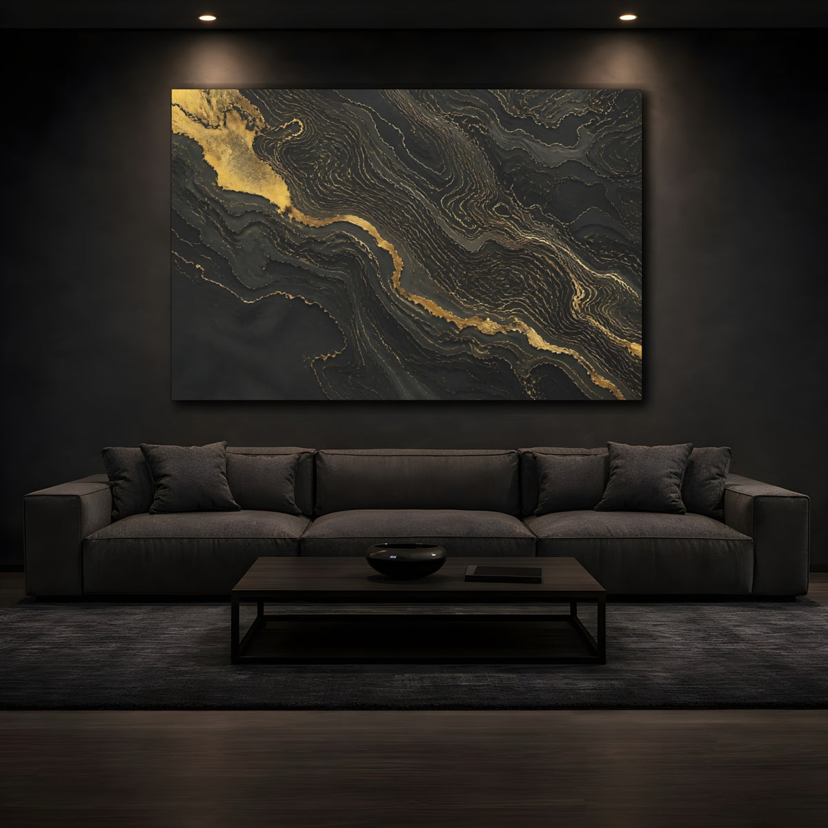 Mockup 3. Gold Veins On Black Marble shown as canvas print