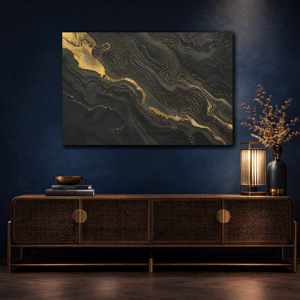 Mockup 4. Gold Veins On Black Marble shown as canvas print