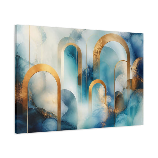 Main Mockup. Golden Arches Over Teal Marble shown as canvas print