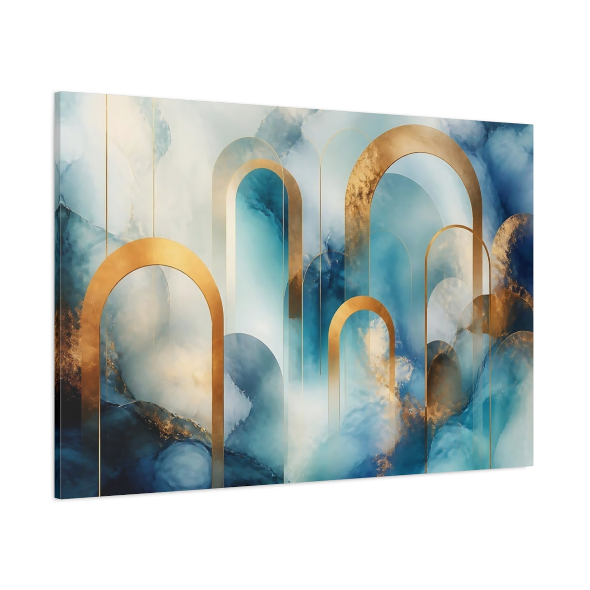 Side Mockup 1. Golden Arches Over Teal Marble shown as canvas print