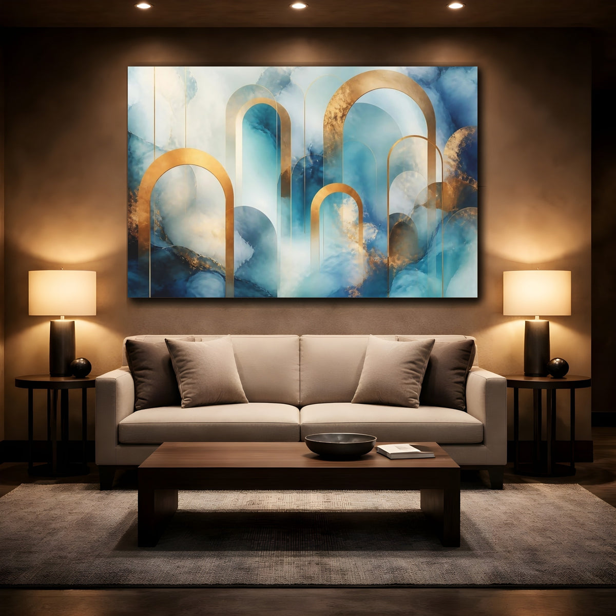 Mockup 2. Golden Arches Over Teal Marble shown as canvas print