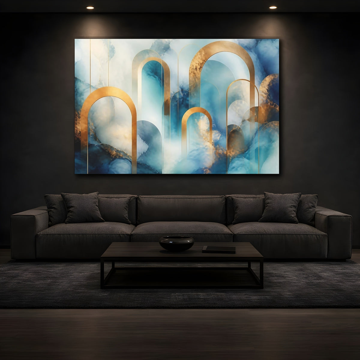 Mockup 3. Golden Arches Over Teal Marble shown as canvas print