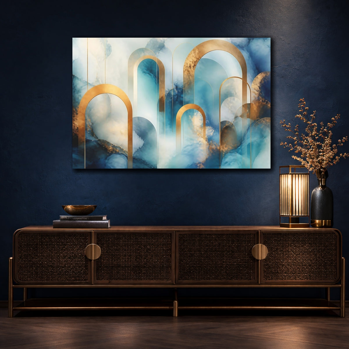Mockup 4. Golden Arches Over Teal Marble shown as canvas print