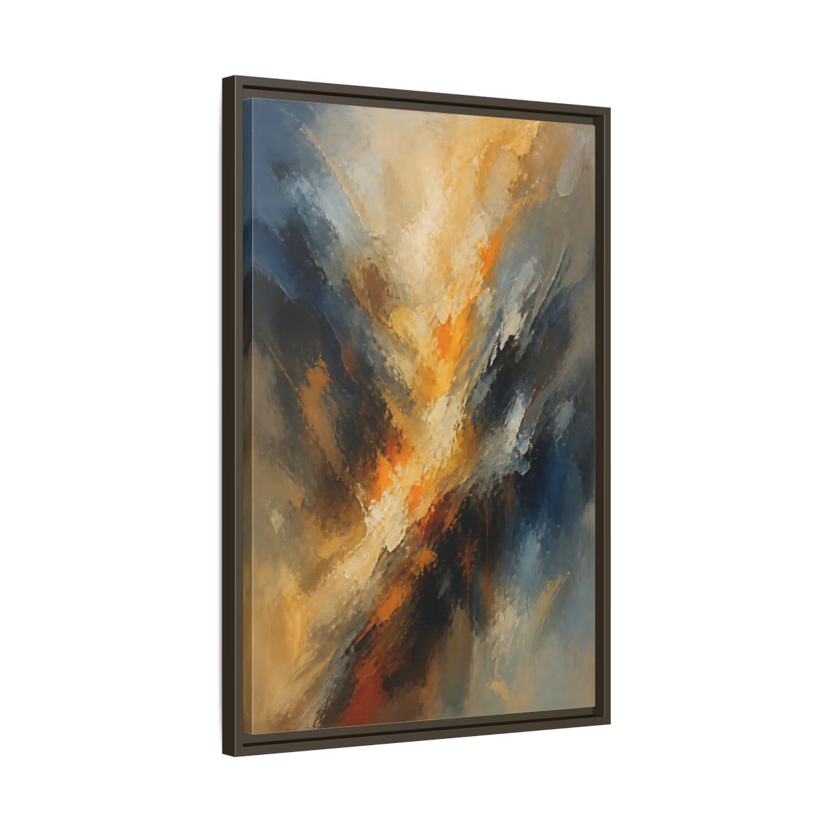 Side Mockup 11. Golden-Blue Color Burst shown as framed canvas print