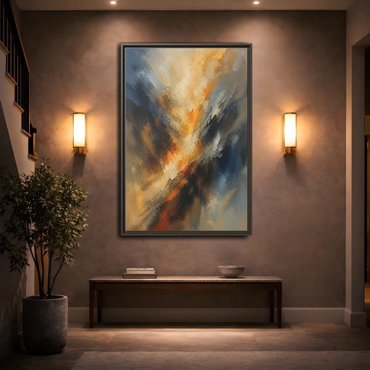 Mockup 2. Golden-Blue Color Burst shown as framed canvas print