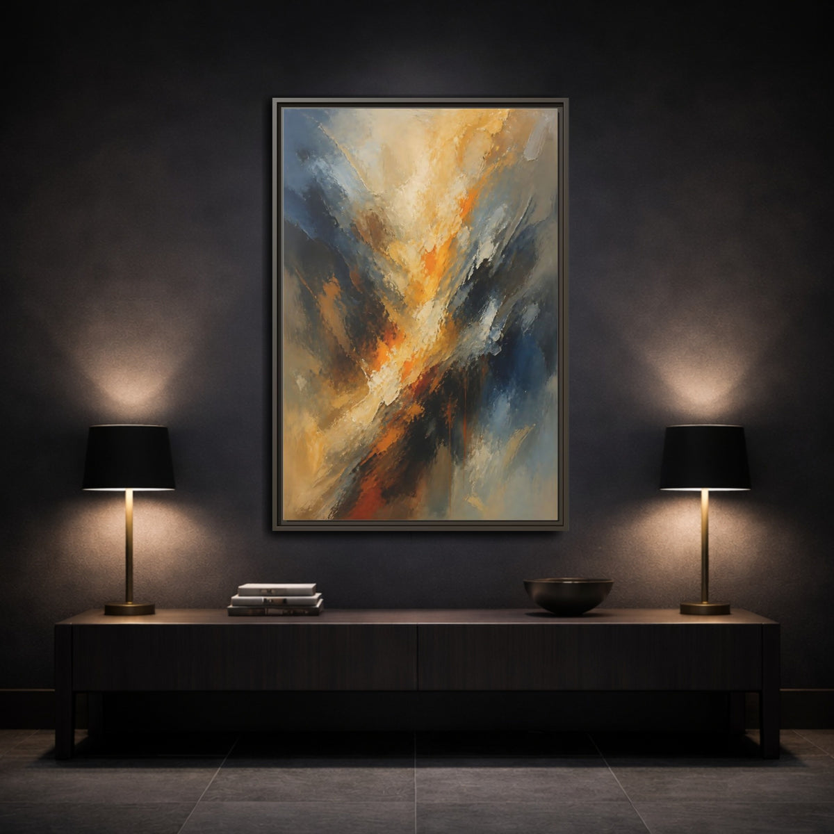 Mockup 3. Golden-Blue Color Burst shown as framed canvas print