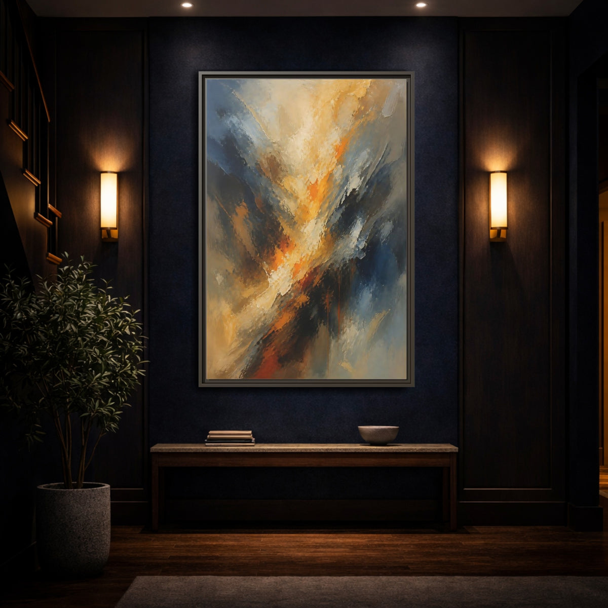 Mockup 4. Golden-Blue Color Burst shown as framed canvas print