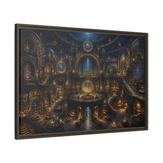 Main Mockup. Golden Celestial Observatory shown as framed canvas print