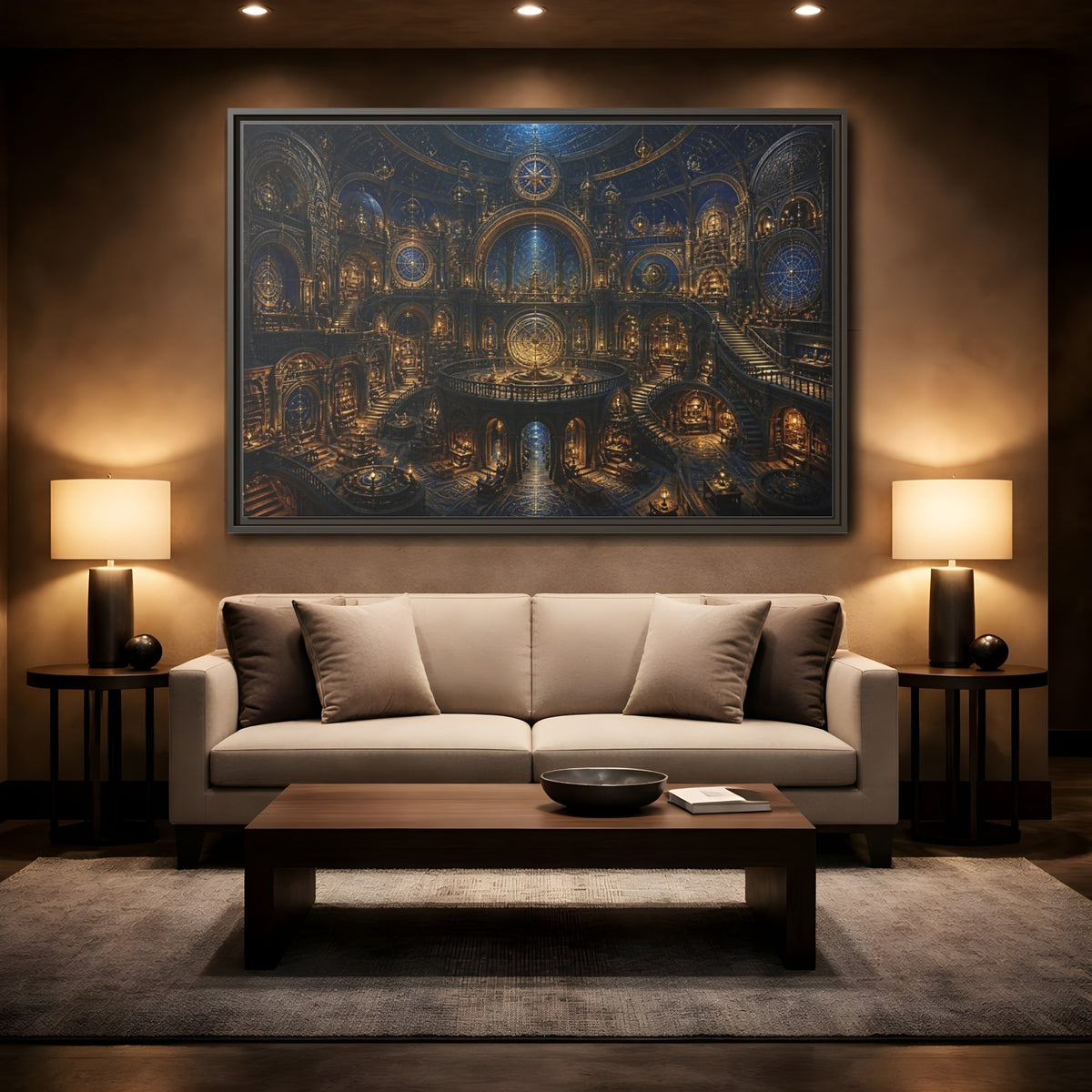 Mockup 2. Golden Celestial Observatory shown as framed canvas print