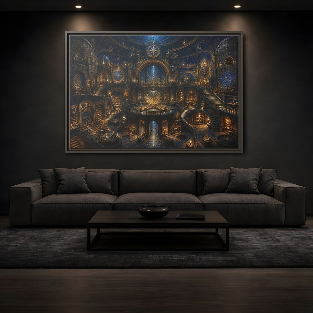 Mockup 3. Golden Celestial Observatory shown as framed canvas print