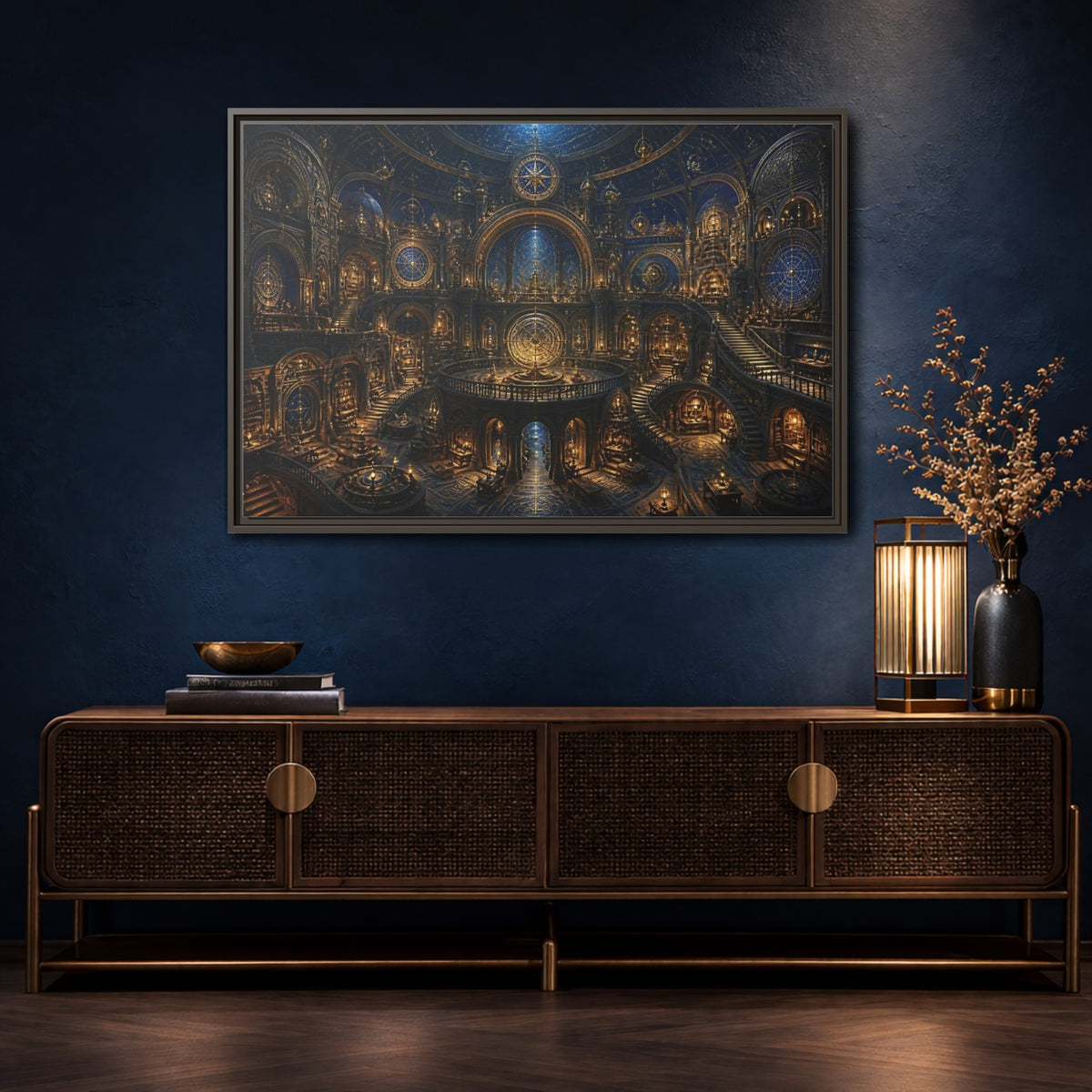 Mockup 4. Golden Celestial Observatory shown as framed canvas print