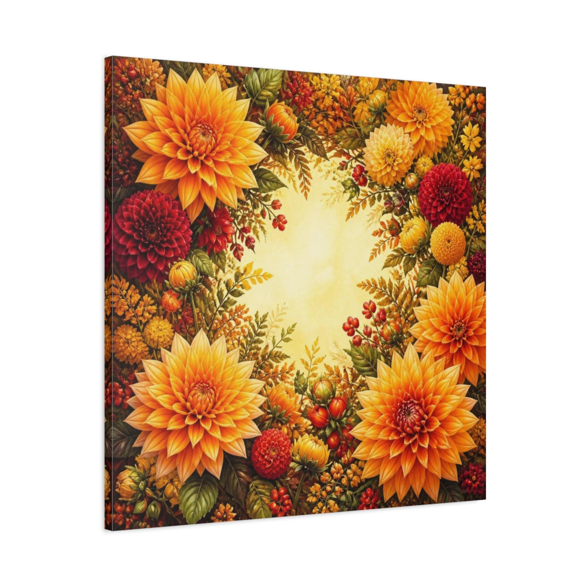 Main Mockup. Golden Dahlia Flowers shown as canvas print