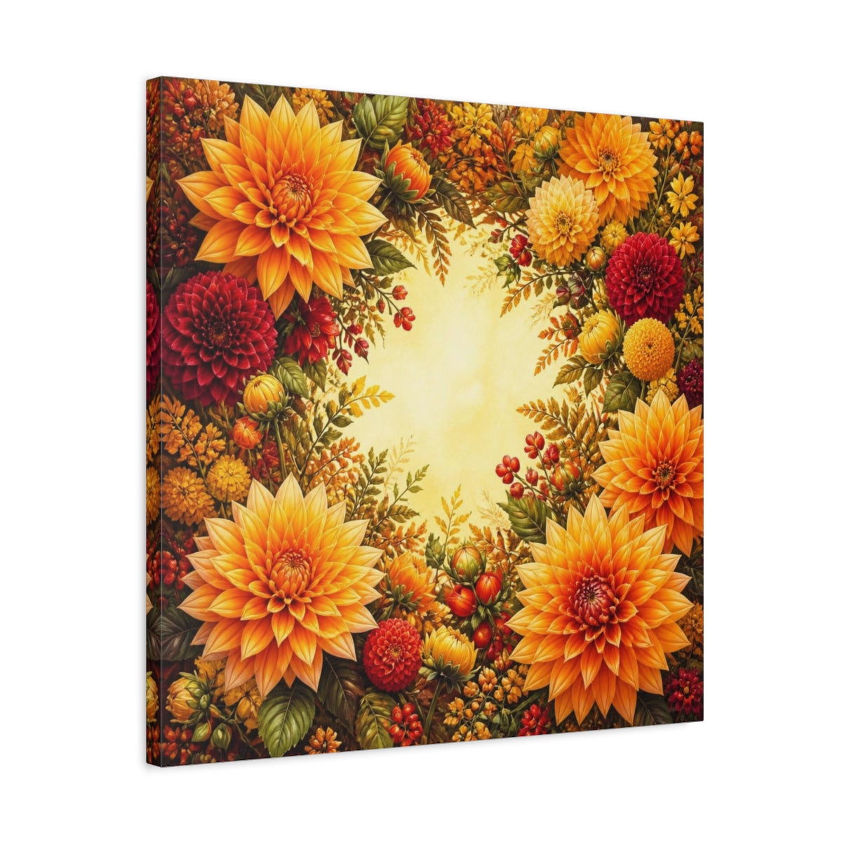 Side Mockup 4. Golden Dahlia Flowers shown as canvas print