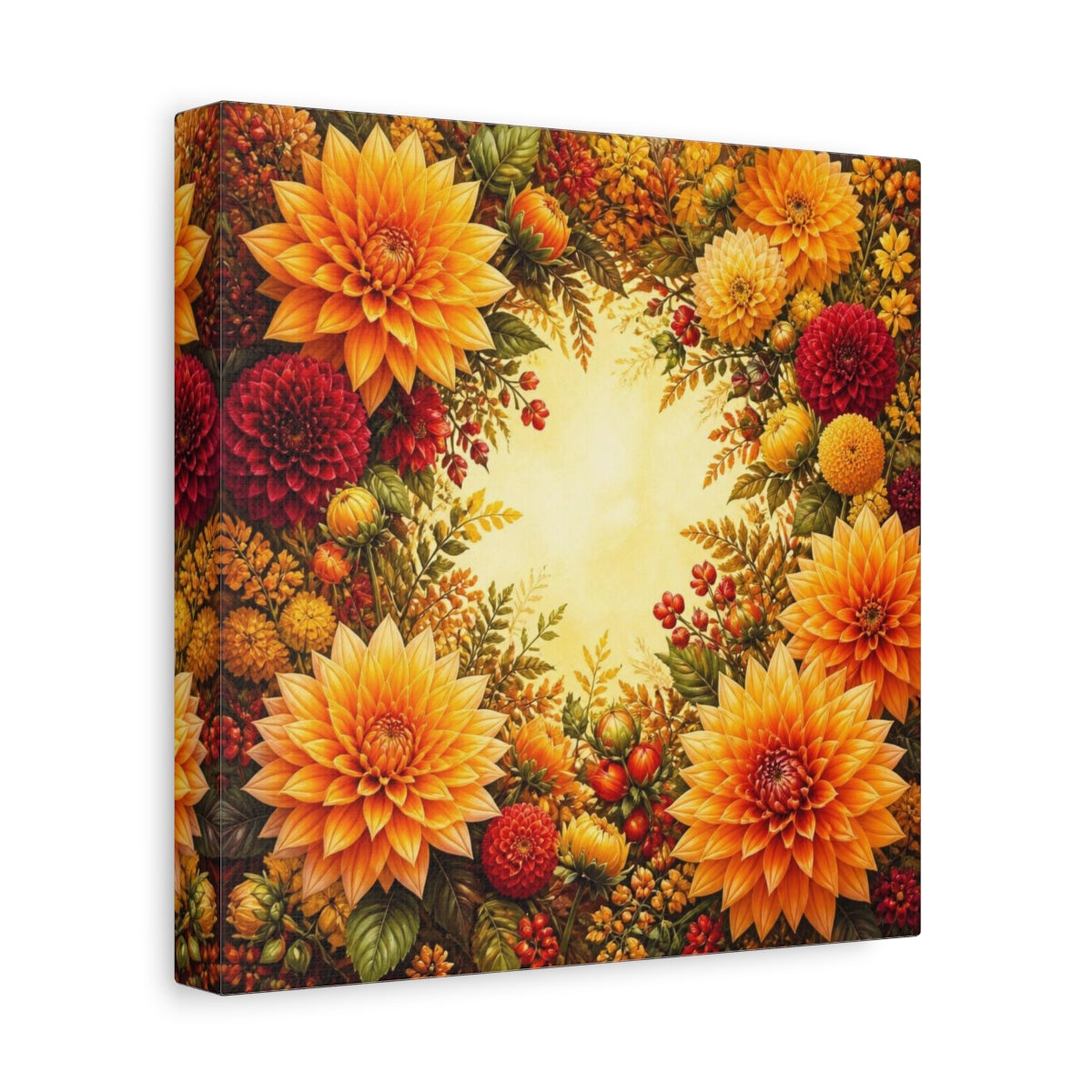 Side Mockup 9. Golden Dahlia Flowers shown as canvas print