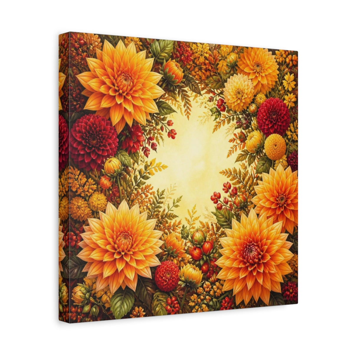 Side Mockup 7. Golden Dahlia Flowers shown as canvas print