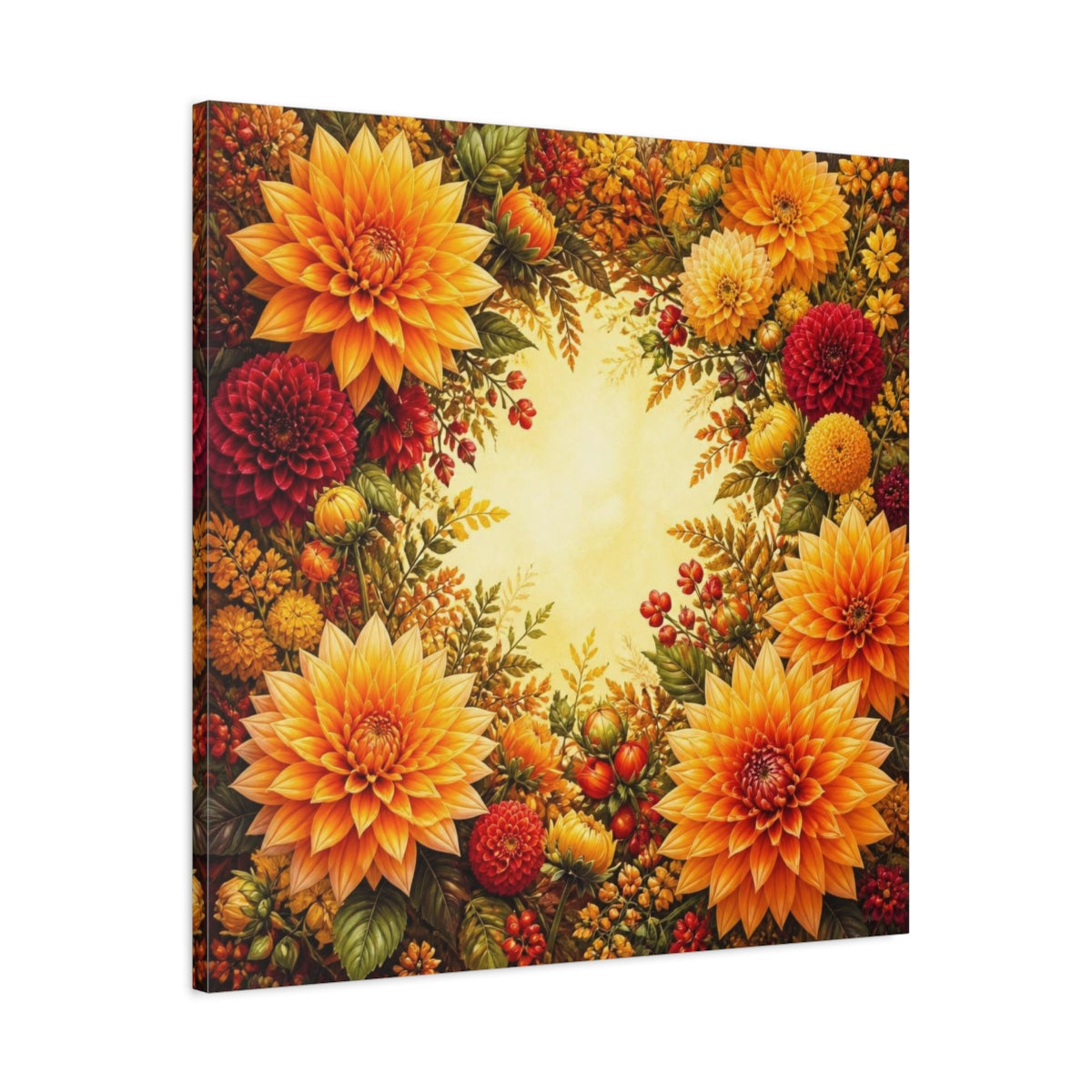 Side Mockup 3. Golden Dahlia Flowers shown as canvas print