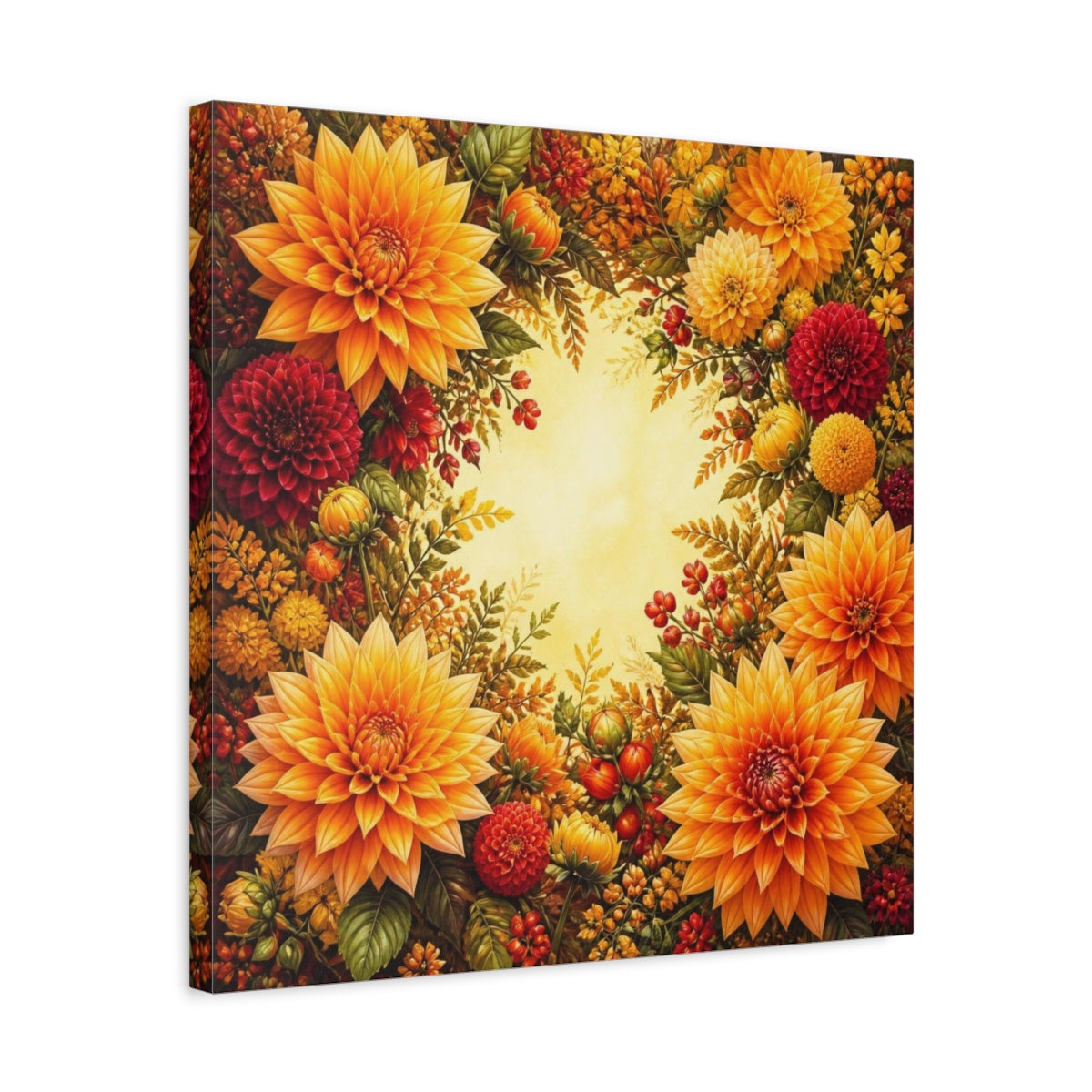 Side Mockup 5. Golden Dahlia Flowers shown as canvas print