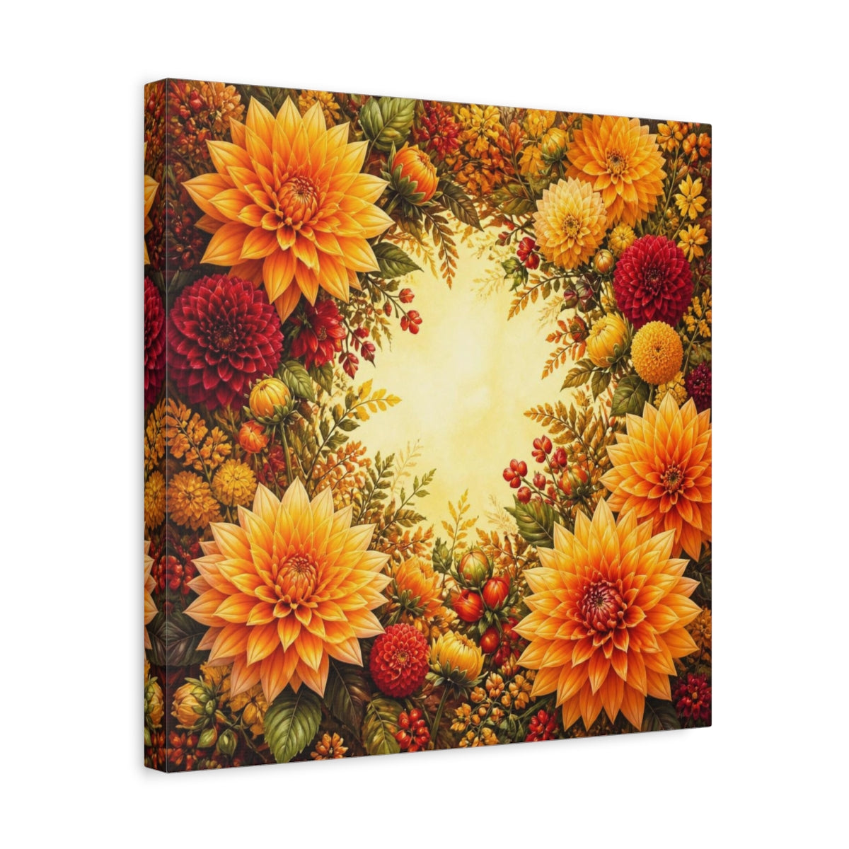 Side Mockup 6. Golden Dahlia Flowers shown as canvas print